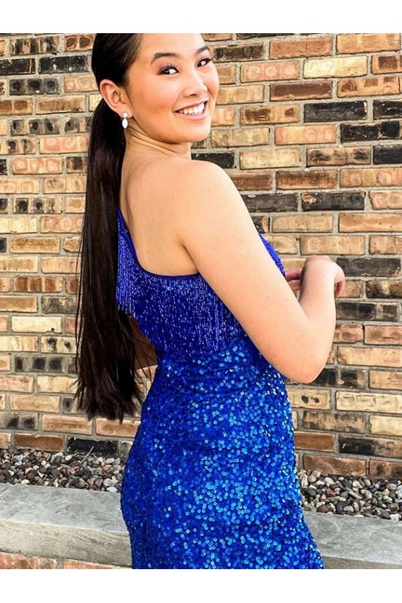 Cheapest One Shoulder Sleeveless Short Velvet Sequin Royal Blue Prom Dress