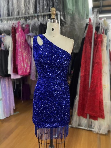 Cheapest One Shoulder Keyhole Sleeveless Short Velvet Sequin Prom Dress