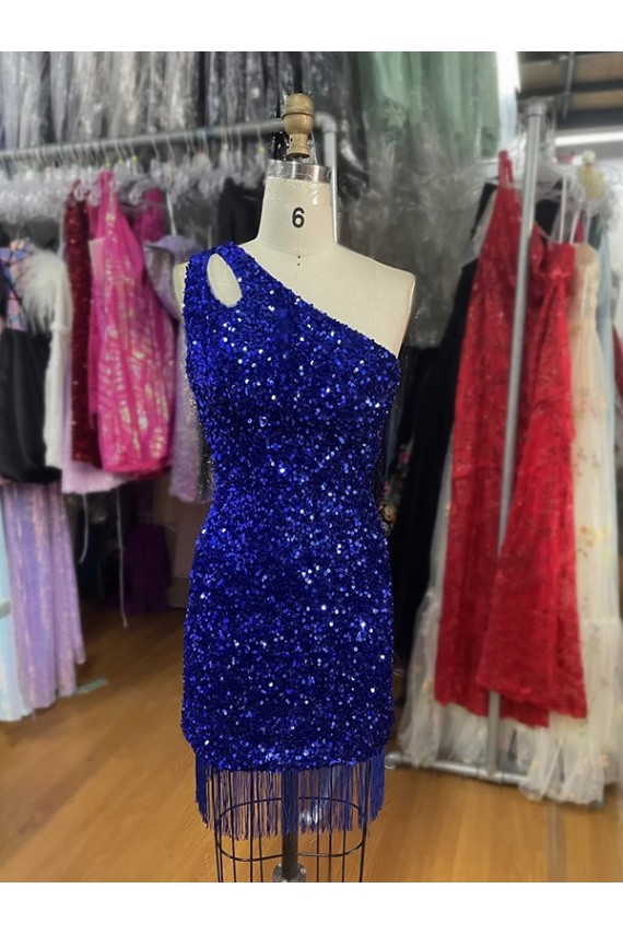 Cheapest One Shoulder Keyhole Sleeveless Short Velvet Sequin Prom Dress