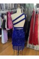 Cheapest One Shoulder Keyhole Sleeveless Short Velvet Sequin Prom Dress