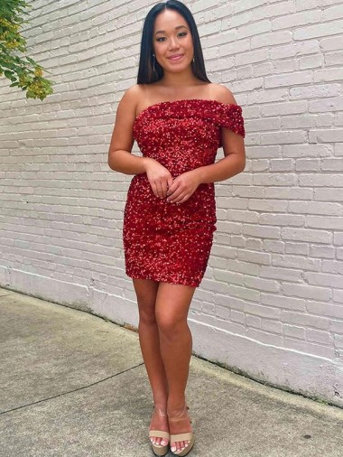 Cheapest Short One Shoulder Sleeveless Velvet Sequin Cocktail Prom Dress