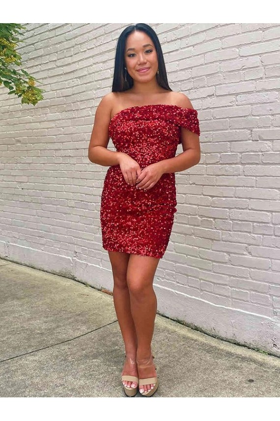 Cheapest Short One Shoulder Sleeveless Velvet Sequin Cocktail Prom Dress