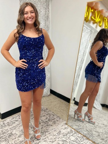 Cheapest Spaghetti Straps Backless Sleeveless Short Velvet Sequin Prom Dress