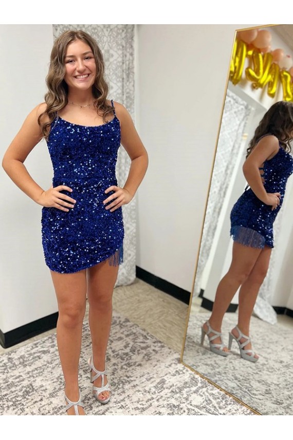 Cheapest Spaghetti Straps Backless Sleeveless Short Velvet Sequin Prom Dress