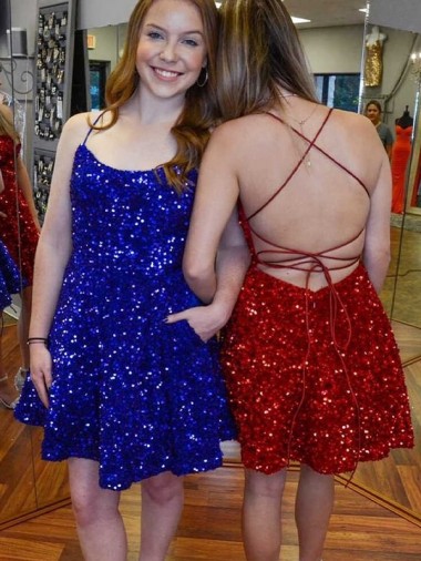 Cheapest A-Line Spaghetti Straps Sleeveless Short Velvet Sequin Prom Dress