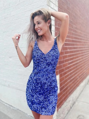 Cheapest Short Velvet Sequin V-Neck Sleeveless Prom Dress