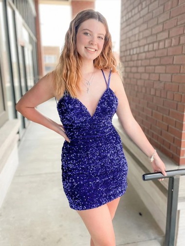 Cheapest Sleeveless Short Velvet Sequin V-Neck Prom Dress