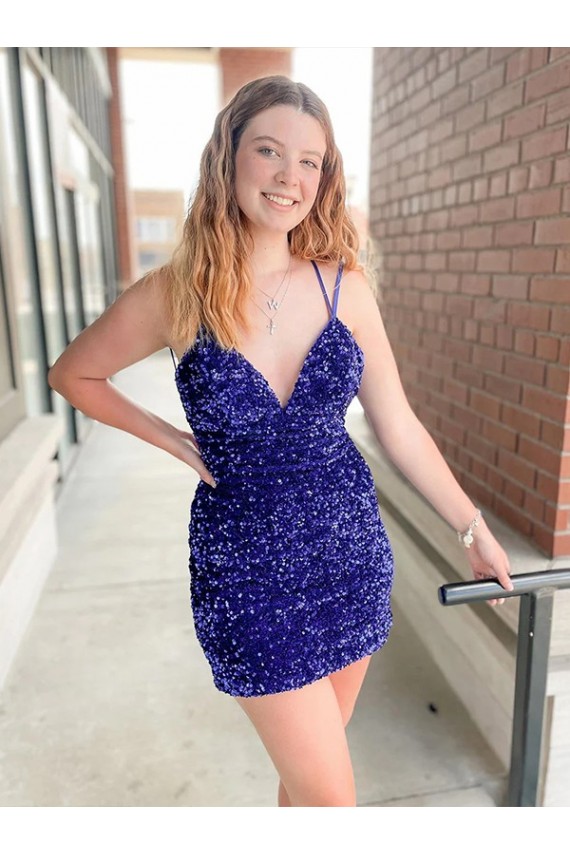 Cheapest Sleeveless Short Velvet Sequin V-Neck Prom Dress