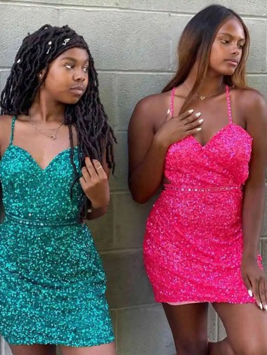 Cheapest V-Neck Sleeveless Short Velvet Sequin Cocktail Dress