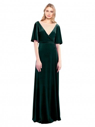 Cheapest Deep V-Neck Flutter Sleeves Long Velvet Wrap Prom Dress