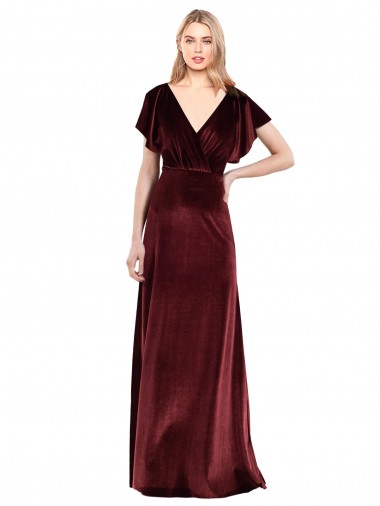 Cheapest Flutter Sleeves Open Back Long Velvet Prom Dress