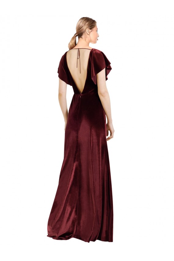 Cheapest Flutter Sleeves Open Back Long Velvet Prom Dress