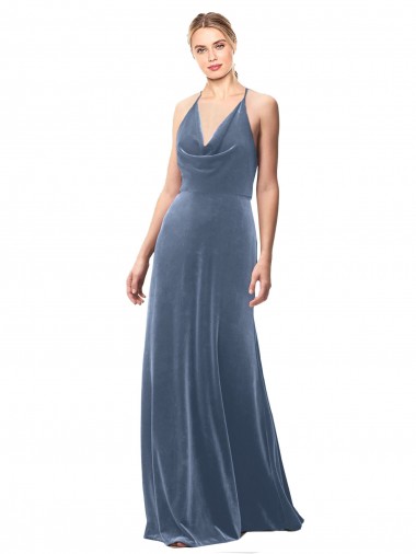 Cheapest Halter Cowl Neck Long A-Line Velvet Prom Dress with Keyhole Back