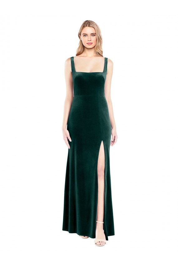 Cheapest Square Neck Full Length Velvet Prom Dress with Side Slit