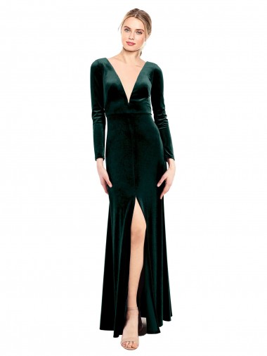 Cheapest Plunging V-Neckline Long Sleeves Open Back Velvet Prom Dress