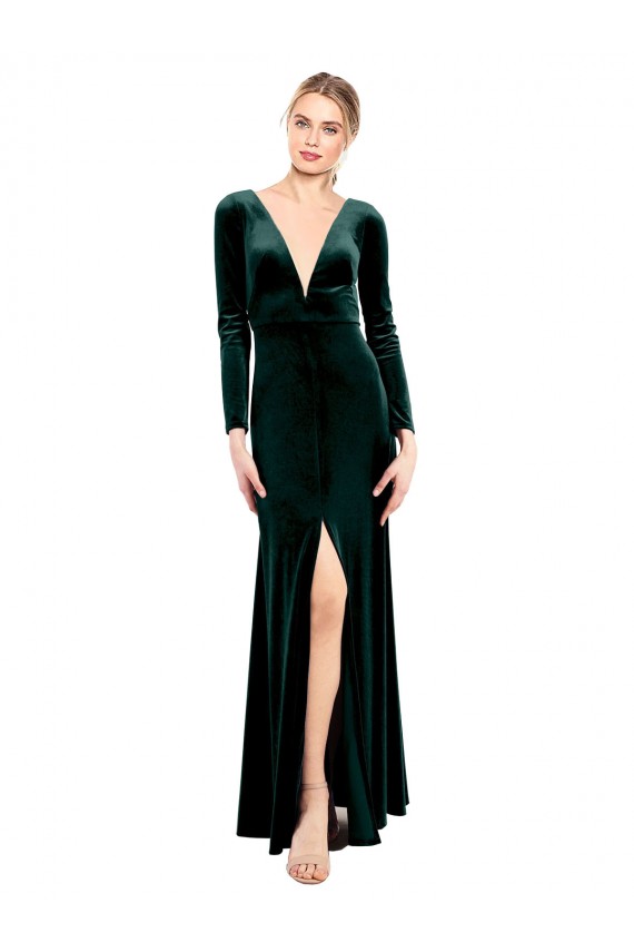 Cheapest Plunging V-Neckline Long Sleeves Open Back Velvet Prom Dress