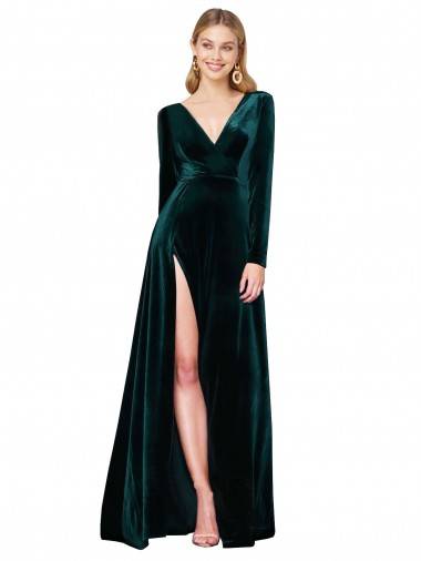 Cheapest Deep V-Neck Long Sleeves Velvet Prom Dress with High Side Split