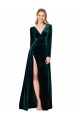 Cheapest Deep V-Neck Long Sleeves Velvet Prom Dress with High Side Split