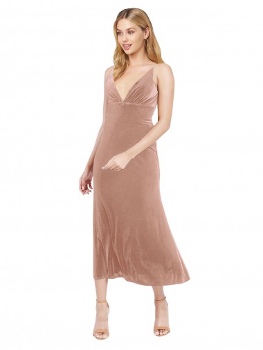 Cheapest Midi Length Short V-Neck Velvet Cocktail Prom Dress / Homecoming Dress with Notched Neckline
