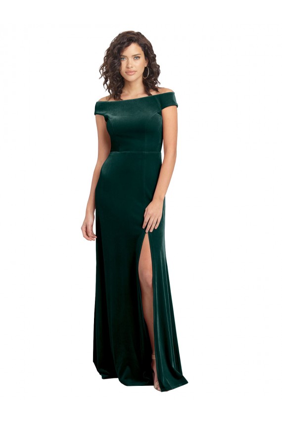 Cheapest Floor Length Cap Sleeves Long Velvet Prom Dress with High Side Slit