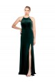 Cheapest Long Jewel Neck Full Length Velvet Prom Dress with Side Slit