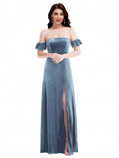Cheapest Ruffle Sleeve Off the Shoulder Velvet Maxi Prom Dress