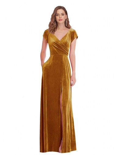 Cheapest Cap Sleeve Faux Wrap Velvet Maxi Prom Dress with Pockets