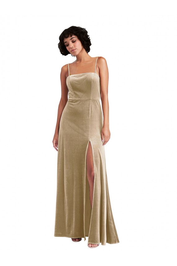 Cheapest Square Neck Velvet Maxi Prom Dress with Front Slit & Pockets