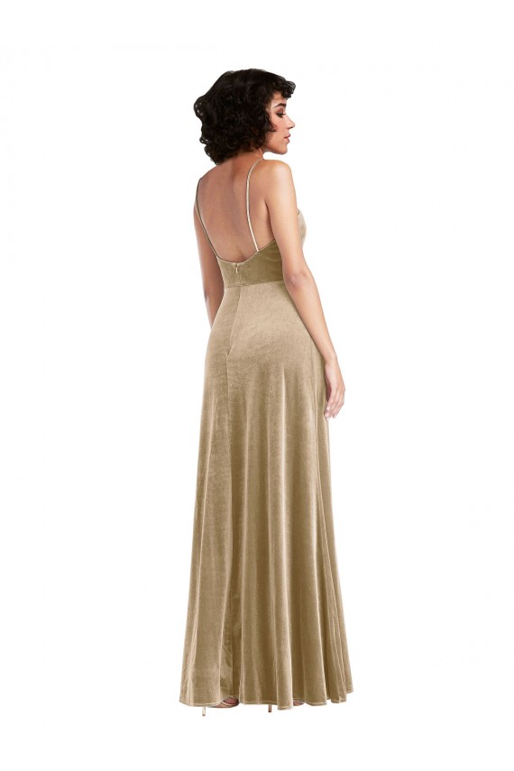 Cheapest Square Neck Velvet Maxi Prom Dress with Front Slit & Pockets