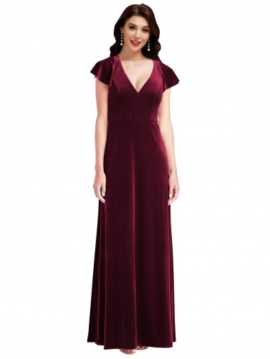 Cheapest Flutter Sleeve Velvet Maxi Prom Dress with Pockets