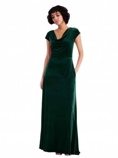 Cheapest Cowl Neck Cap Sleeve Velvet Maxi Prom Dress with Pockets