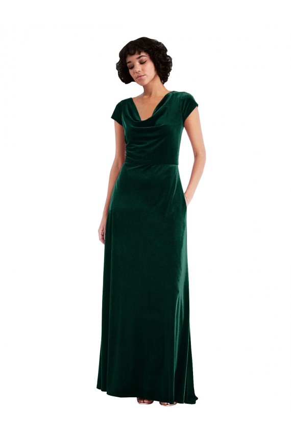 Cheapest Cowl Neck Cap Sleeve Velvet Maxi Prom Dress with Pockets