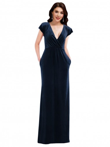 Cheapest Flutter Sleeve Wrap Bodice Velvet Maxi Prom Dress with Pockets