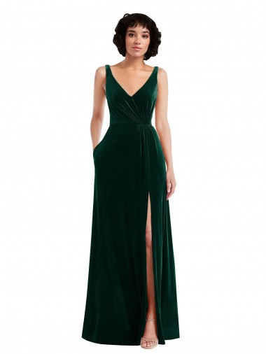 Cheapest Floor Length Velvet Maxi Prom Dress with Shirred Bodice and Front Slit
