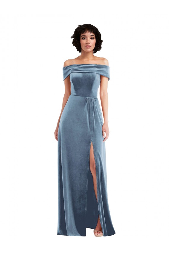 Cheapest Draped Cuff Off the Shoulder Velvet Maxi Prom Dress with Pockets