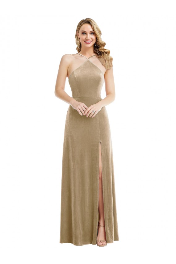 Cheapest High Neck Halter Open Back Long Velvet Maxi Prom Dress with Pockets