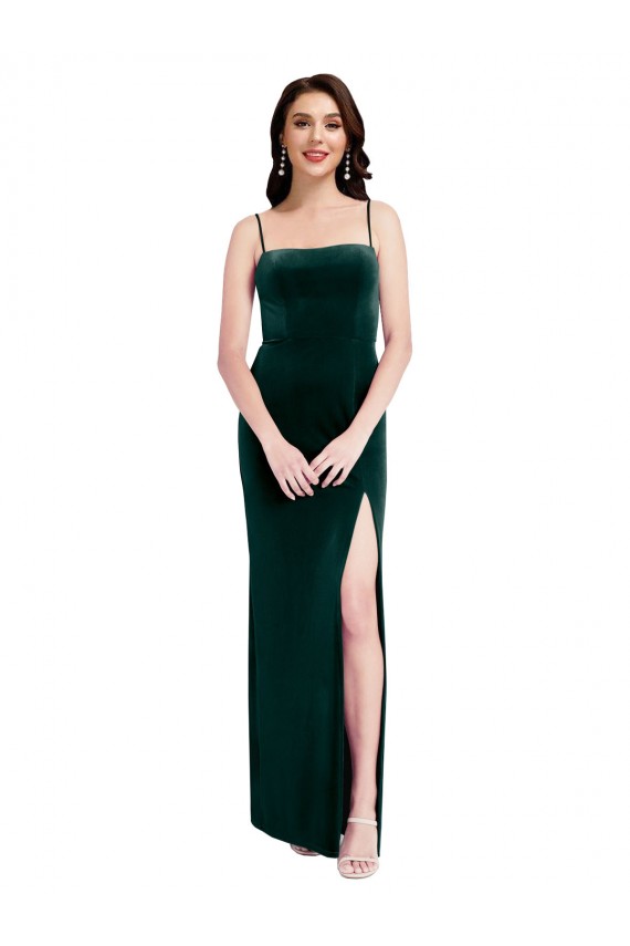 Cheapest Straight Neckline Spaghetti Straps Long Velvet Prom Dress with High Side Slit