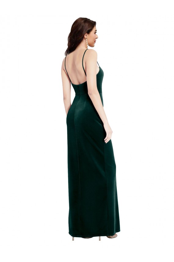 Cheapest Straight Neckline Spaghetti Straps Long Velvet Prom Dress with High Side Slit