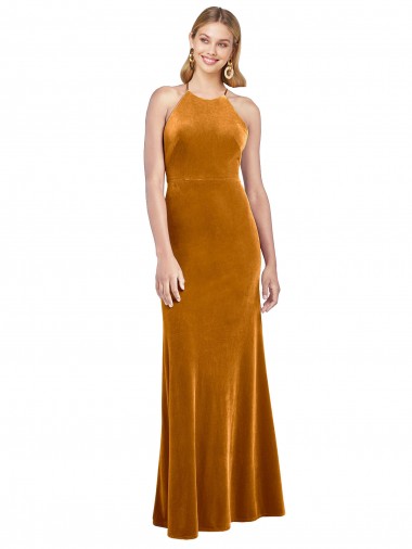 Cheapest Halter Neckline Long Full Length Velvet Prom Dress with Strappy Back