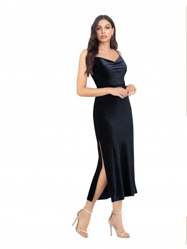 Cheapest Midi Length Velvet Cocktail Prom Dress / Homecoming Dress with Cowl Neck and Spaghetti Straps