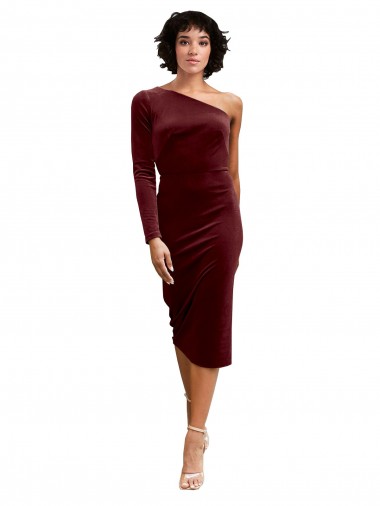 Cheapest One Shoulder Fitted Short Midi Length Velvet Prom Dress