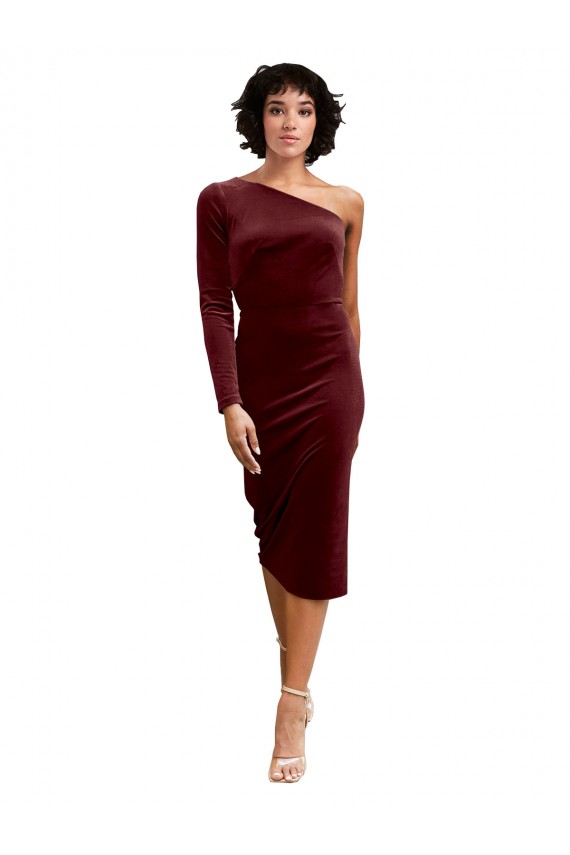 Cheapest One Shoulder Fitted Short Midi Length Velvet Prom Dress