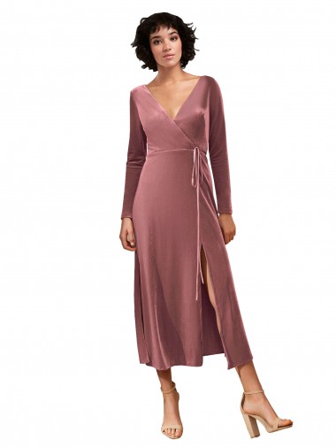 Cheapest Long Sleeve Velvet Faux Wrap Midi Length Prom Dress