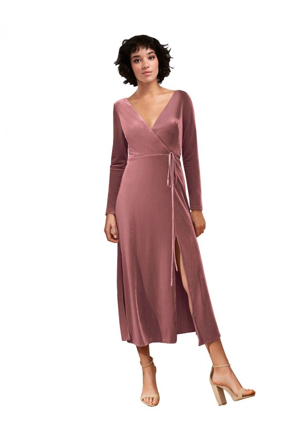 Cheapest Long Sleeve Velvet Faux Wrap Midi Length Prom Dress
