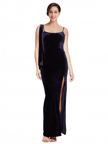 Cheapest Long Velvet Prom Dress with Side Thigh Split and Shoulder Tie
